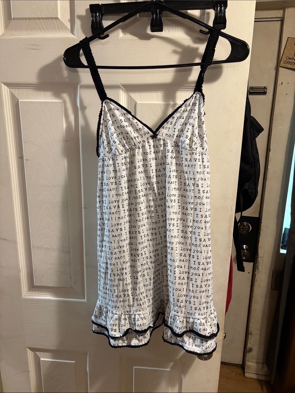 Victoria's Secret White Chemise with Black Trim and Text Print
